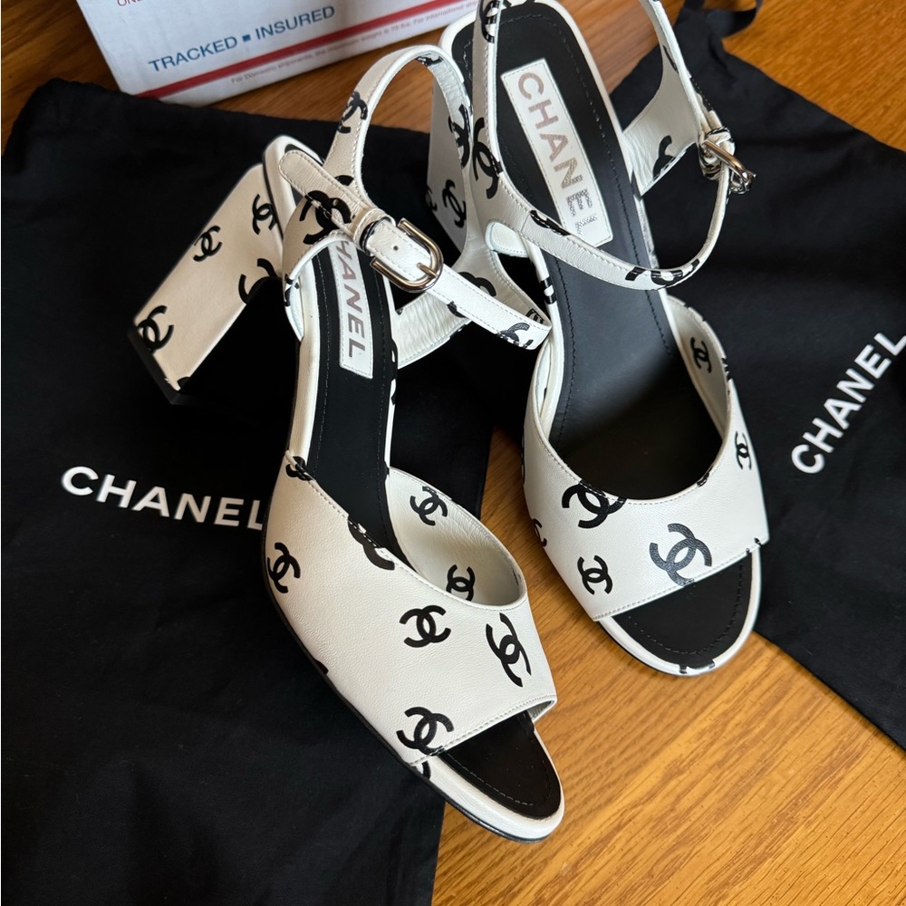 Chanel Printed Lambskin CC Platform Sandals, Size 40C